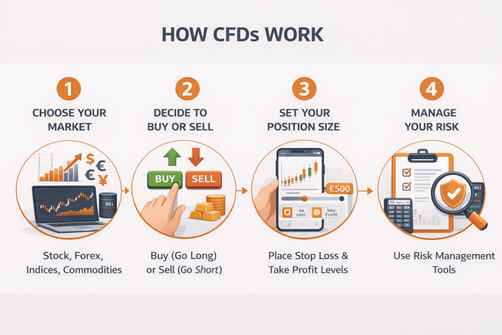 How CFDs work step by step infographic showing market selection, buy or sell decision, position sizing and risk management